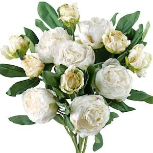 Antique White Nostalgic Sentimental Rustic Vintage Silk Peony Artificial Flower Bouquet 6 Stems - FiveSeasonStuff Floral