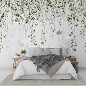 Birds And Mini Tropical Plants Living Room Wallpaper, Botanical Leaves Bedroom Wall Mural
