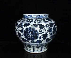 19.6" old China Porcelain Yuan dynasty Blue and white Peony flower pattern pot