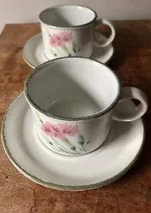 TWO Midwinter Stonehenge Invitation Cup & Saucer Sets Pink Carnation Flower