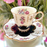 Rose Bouquet on Off White with Black Contrast and Gorgeous Gold Accent. Zeh Scherzer Bavaria Germany Porcelain Demitasse Cup and Saucer Set