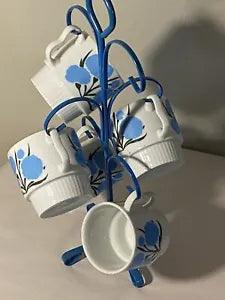 Set of 5 Vintage Japan Stackable Mugs w/ Tree Holder Blue Flower Carnation RARE