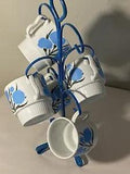 Set of 5 Vintage Japan Stackable Mugs w/ Tree Holder Blue Flower Carnation RARE