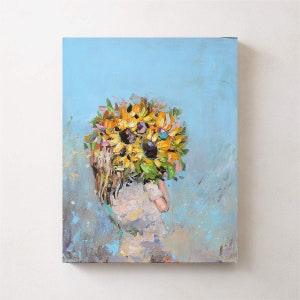 Girl with Sunflower ,Ready to hang original painting,Sunflower painting,flower painting,Contemporary art