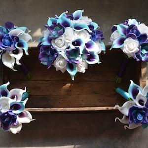 Blue Purple Orchids ,Calla Lilies, Bridal Bouquets, White Roses, Real Touch Flowers, Bridal Bouquets, Bridesmaids Bouquets, Wedding Bouquets