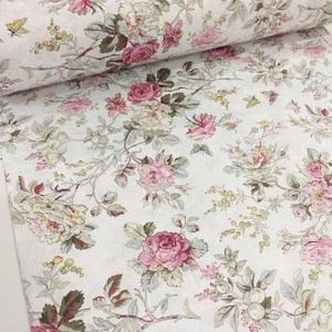 Roses Cotton Floral Fabric, 94" Extra Wide Poplin, Shabby Chic Fabric By The Yard