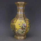 10" China Colour Enamels Porcelain Peony Flower Crane Magpie Bird Six Sides Vase