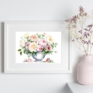Watercolor Rose Bouquet in Vintage Vase, Pink and White Roses Bouquet, Roman Vase, Vintage Decor,Botanical Print, Classic Art, Tudor Decor