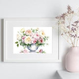 Watercolor Rose Bouquet in Vintage Vase, Pink and White Roses Bouquet, Roman Vase, Vintage Decor,Botanical Print, Classic Art, Tudor Decor
