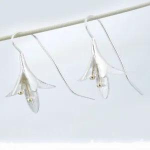 Designer Inspired Elegant Water Lily Flower Long Silver Earrings