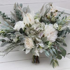 Sage green ivory protea bouquet Bridal orchid peony bouquet Faux bouquet Classic wedding Wedding flowers Silk flowers Boho wedding