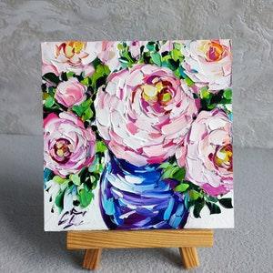 Peony painting oil original wall art, bouquet flowers impasto artwork