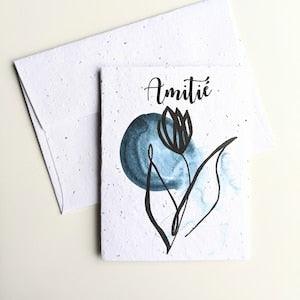Friendship watercolor blue tulip flower on plantable seed paper or watercolor white paper