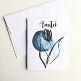 Friendship watercolor blue tulip flower on plantable seed paper or watercolor white paper