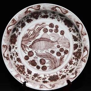 16.3"Antique yuan dynasty Porcelain Underglaze red peony flower fish algae plate