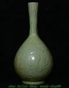 11" Old Chinese Song Dynasty Ru Kiln Porcelain Peony Flower Pattern Bottle Vase