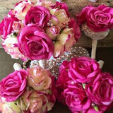 Classic Beauty Wedding Bouquet Collection, Peonies, Pink Roses, Elegant Wedding Flowers, Satin, Pearl Beads, Lace, Keepsake. Full Price.