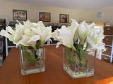 Set of Two Floral Home Decor Faux White Amaryllis in Glass Vases- Nice!