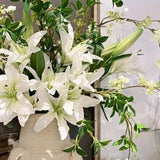 White Lily Bouquet, Large faux flowers, artificial lilies, faux Plants, green Leaves, wedding DIY, modern floral arrangement, home decor