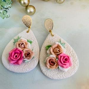 floral artisan earrings flower earrings |floral clay earrings |handmade earrings| wedding earrings |earrings|rose earrings white earrings