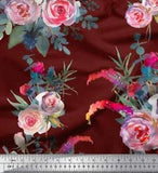 Soimoi Red Velvet Fabric Leaves & Ranunculus Floral Print Fabric-ZXg
