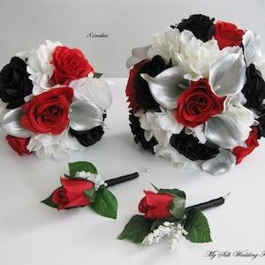 Black White Red Silver Wedding Bouquet, Multi Color Wedding Bouquet, Mix Flower Bouquet, Silver Calla Lily, Black and White Bouquet