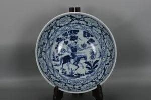 15.2" China yuan dynasty Porcelain Blue white character story peony flowers bowl