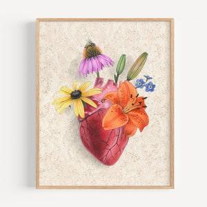 Anatomical Heart with Wildflower Bouquet - Art Print | Valentine's Day, oil painting reproduction, vintage wallpaper, home decor, tiger lily