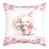 Lovely Rabbit Pillow Case Cover, Cartoon Animal Pillow Cover for Kids Girls, Watercolor Roses Flowers Tulip Bouquet Cushion Cover, Handmade