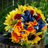 SALE Wedding Bouquet, Ready to Ship Sunflower Bridal Bouquet, Silk Wedding Flowers, Red Yellow Blue Bouquet, Vintage Wedding, Wedding Bride