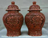 13" Marked Rare Chinese Dynasty Red Lacquerware Peony Flower Jug Jar Tank Pair