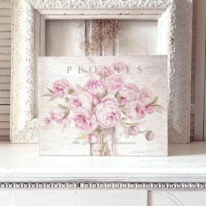 Shabby Chic Pink Peonies Large Wood Print Sign Romantic Art by Debi Coules