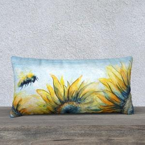 12 x 24 Inch Sunflower Bumble Bee Pillow Cover, Accent Pillow, Home Decor, Rectangle Pillow