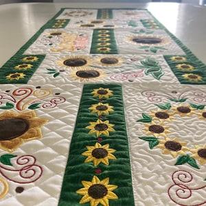 Sunower Table Runner Large, Dining, Kitchen Table, Quilted, Table Linen, Handcrafted Table Decor, Handmade Keepsake, Heirloom, Embroidered