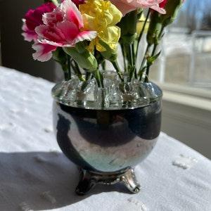Vintage 1910s Wm.G. Rogers Silver Plated Pedestral Bowl With Glass Flower Frog, Small Flower Arrangement, Silver Plated Rose Bowl, Vintage