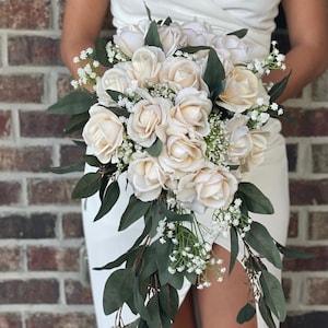 Cascading true touch ivory roses bouquet Bride bouquet Boho bouquets