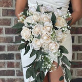 Cascading true touch ivory roses bouquet Bride bouquet Boho bouquets