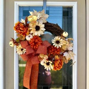Creme Sunflower Fall Wreath, Orange Burlap Bow Thanksgiving Wreath, Orange Peony Farmhouse Wreath, Tan Maple Leaf Wreath with White Pumpkins