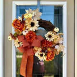 Creme Sunflower Fall Wreath, Orange Burlap Bow Thanksgiving Wreath, Orange Peony Farmhouse Wreath, Tan Maple Leaf Wreath with White Pumpkins