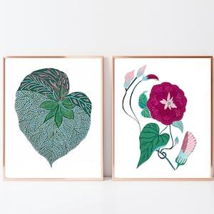 Colorful Botanical Set of 2 Prints, Plant Gallery Wall Set, Green Leaf Print, Fuchsia Flower Art, 2 Piece Wall Art Leaves Poster, Garden Art