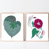 Colorful Botanical Set of 2 Prints, Plant Gallery Wall Set, Green Leaf Print, Fuchsia Flower Art, 2 Piece Wall Art Leaves Poster, Garden Art