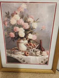CARNATION FLOWERS PICTURE FLORAL STILL LIFE APPLES TEA CUP MATTED FRAMED 12x15