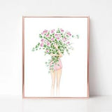 Pink rose bouquet girl fashion art print, fashion illustration print, sketch, drawing,