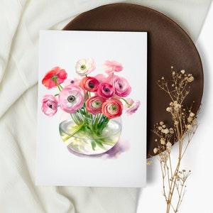 NEW watercolor flowers card set . vase . note cards . ranunculus bouquet . greeting cards . botanical flowers (1, 10, 30, And 50 Pcs)