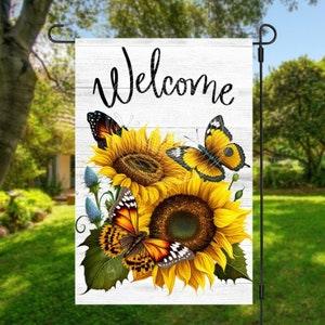 New!  12x18 Inch Double Sided WELCOME Large Sunflowers & Butterflies Design Garden Flag.