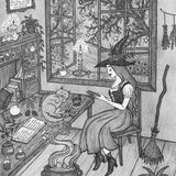 The Green Witch's Apothecary 8x10 Pen Ink Cottage Witch Herbs Plants Magick Potion Cauldron Cat Raven Litha Pagan Witchy Fine Art Print