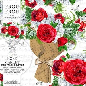 Watercolor Flowers Clipart Floral Clip Art Red Roses Bouquet Graphics Wedding Invitation DIY Pack Valentine Planner Supplies Christmas