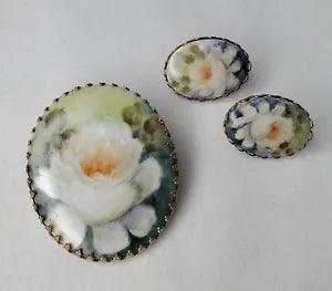 Vintage Porcelain Brooch Earrings Set Water Lily Lotus Flower Hand Painted