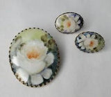 Vintage Porcelain Brooch Earrings Set Water Lily Lotus Flower Hand Painted