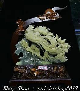16" China Natural Green Xiu Jade Feng Shui Peony Flower Phoenix Bird Statue